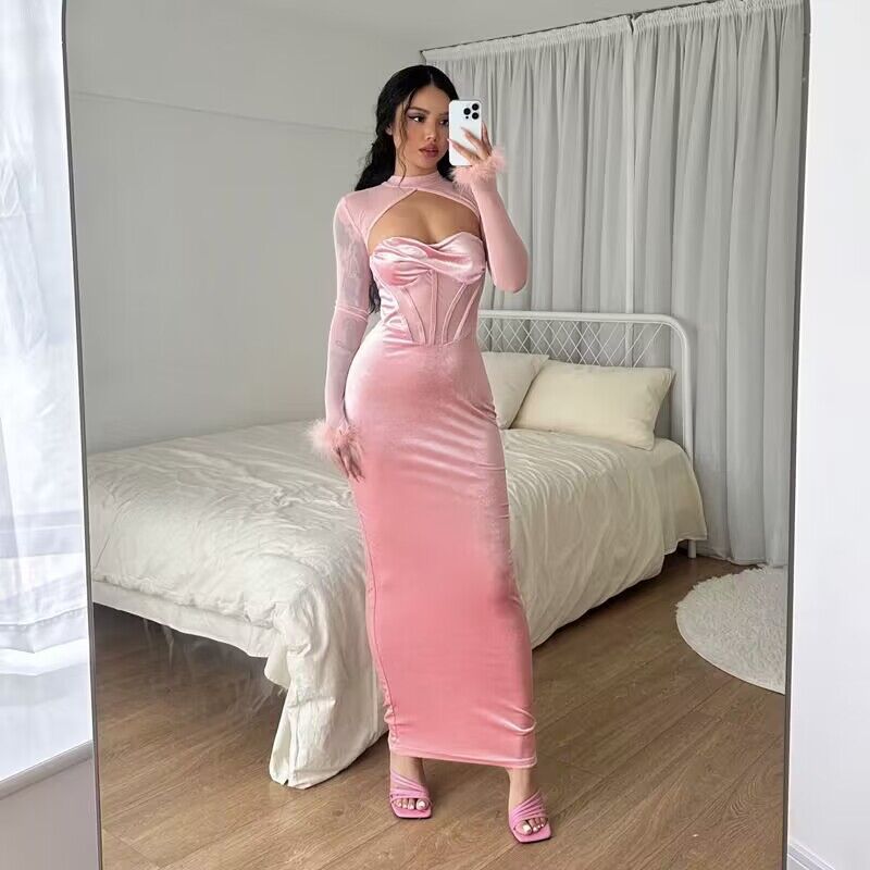 Damen figurbetontes Samt-Maxikleid mit Corsagen-Bustier und transparentem Mesh-Oberteil Drune