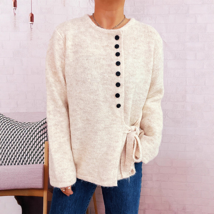 Damen verspielter Strickpullover mit seitlichem Knoten und Knopfdetail Drune