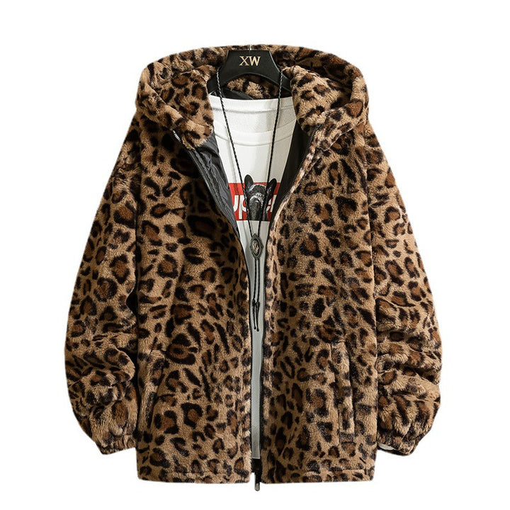 Damen kuschelige Fleecejacke mit Leopardenmuster und Kapuze Drune