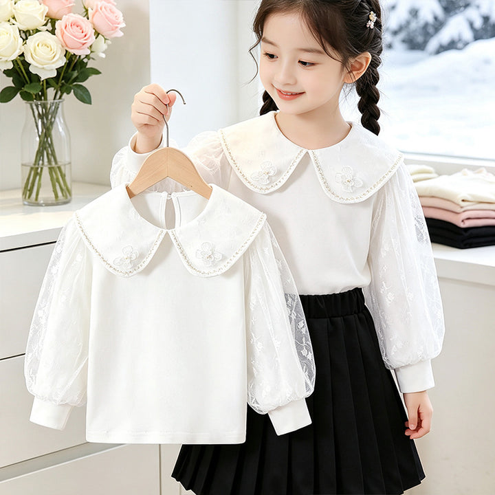 Mädchen Bluse mit elegantem Tüllkragen und floralen Applikationen Drune