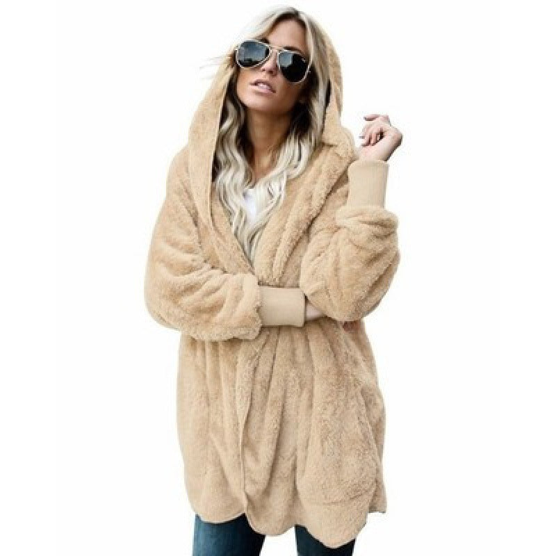 Damen Oversize Teddy‑Fleece‑Mantel mit offener Front, Eingrifftaschen und Rippbündchen Drune