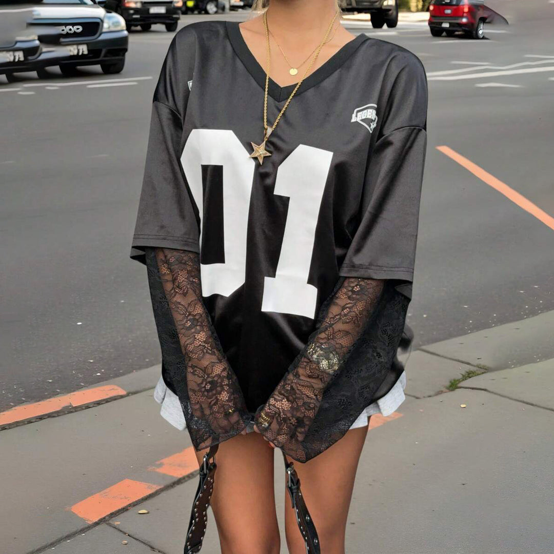 Damen Streetstyle Oversized T-Shirt mit Lace-Ärmeln Drune