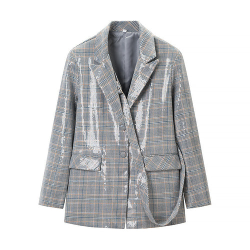 Damen Oversize Glencheck-Blazer mit einreihiger Knopfleiste, Pattentaschen und dezentem Paillettenbesatz Drune