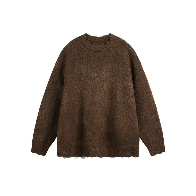 Unisex Oversize Grobstrickpullover mit Rundhalsausschnitt und ausgefranstem Saum Drune
