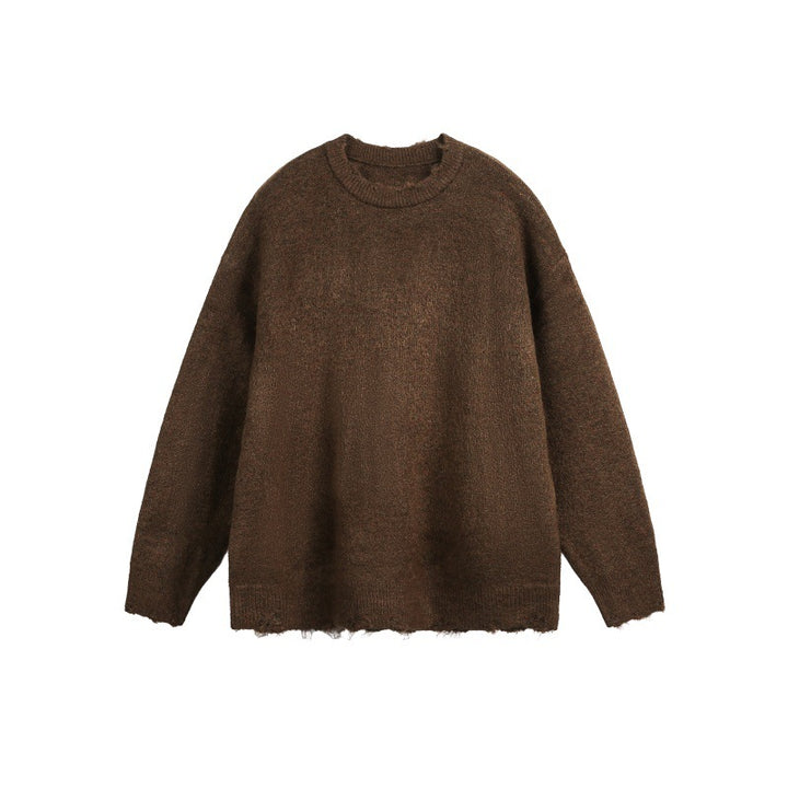 Unisex Oversize Grobstrickpullover mit Rundhalsausschnitt und ausgefranstem Saum Drune