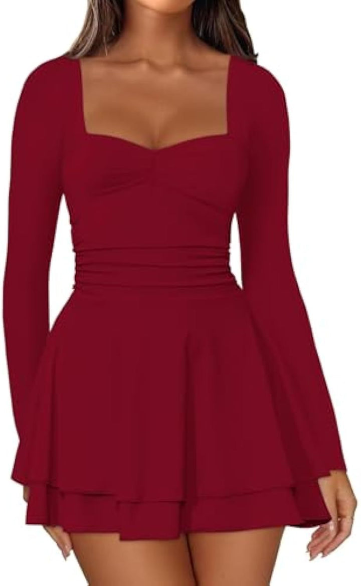 Damen Langarm-Minikleid mit quadratischem Ausschnitt, taillierter Raffung und zweilagigem Volantrock Drune