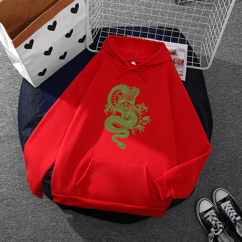 Unisex nan Kapuzenpullover mit detailreichem Drachenmotiv, Oversize‑Schnitt und Kängurutasche Drune