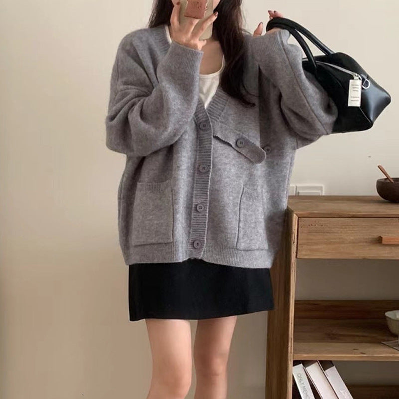 Damen Oversized Strickjacke mit großen Taschen und Knopfdetails Drune