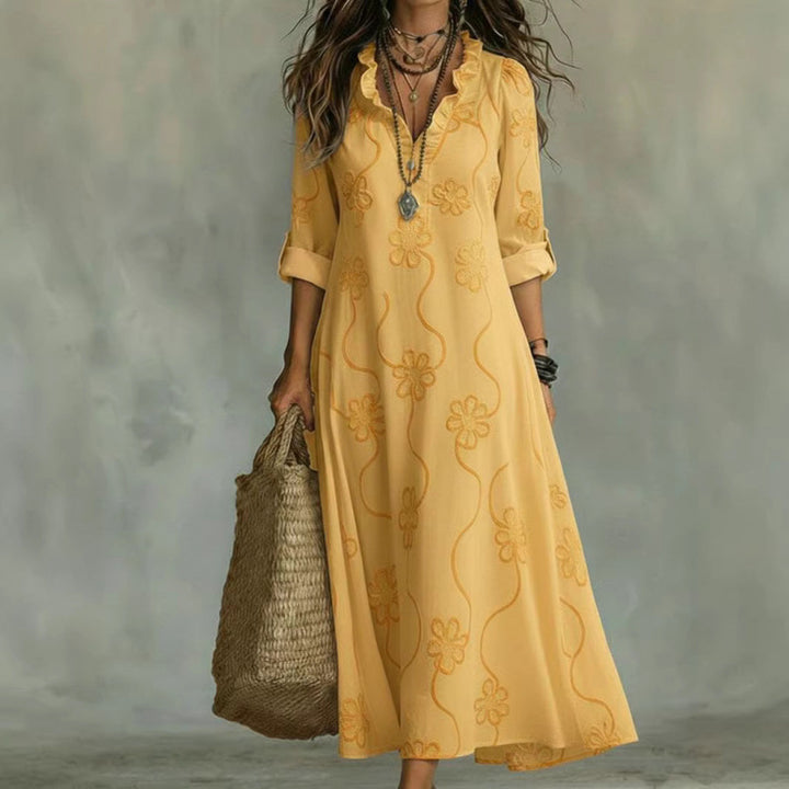 Damen Langes Boho-Maxikleid mit Blumenstickerei und V‑Ausschnitt Drune
