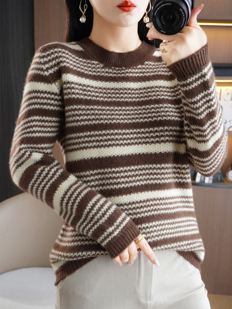 Damen Kuscheliger Streifenpullover aus Mohair‑Optik mit kastiger Passform und Rundhalsausschnitt Drune