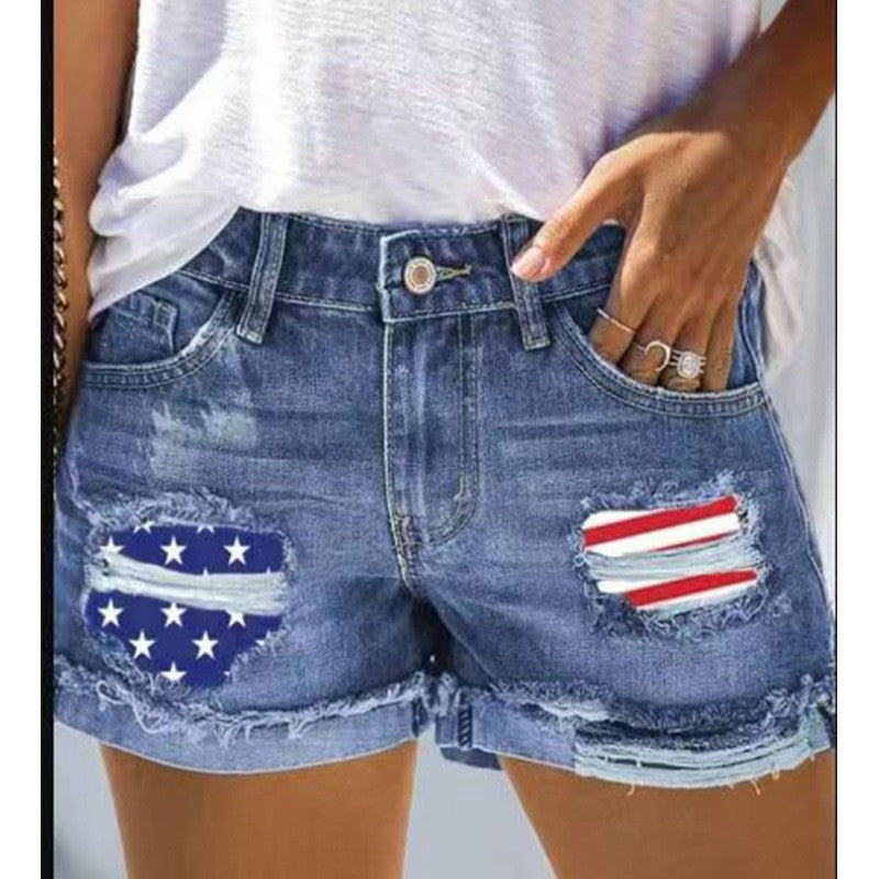 Damen Denim-Shorts mit kreativen Flaggenapplikationen und lässigem Destroyed-Design Drune