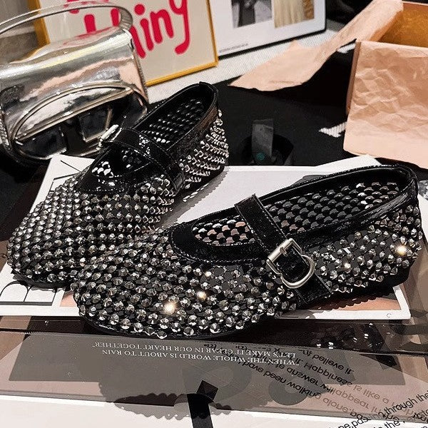 Damen Ballerinas mit elegantem Strassbesatz und verstellbarem Riemchen Drune