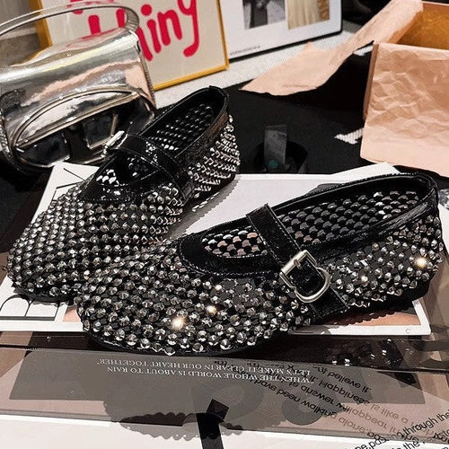 Damen Ballerinas mit elegantem Strassbesatz und verstellbarem Riemchen Drune