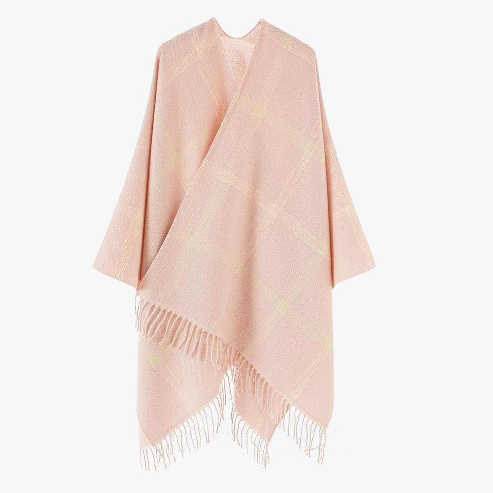 Damen Grobkarierter Wolloptik‑Poncho im Cape‑Schnitt mit lockerem Fall und Fransen Drune