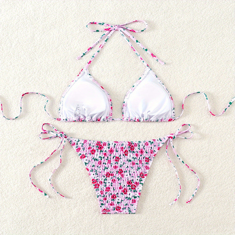 Damen Floral Push-Up-Bikini-Set mit verspielten Bindebändern Drune