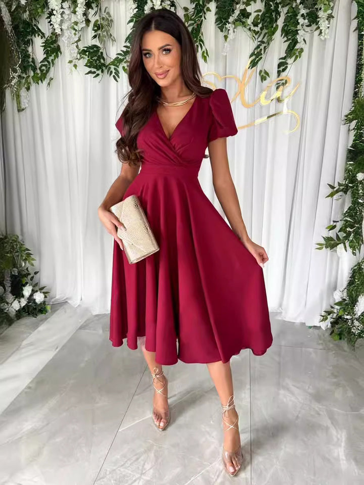 Damen elegantes Wickelkleid mit bezaubernden Puffärmeln Drune