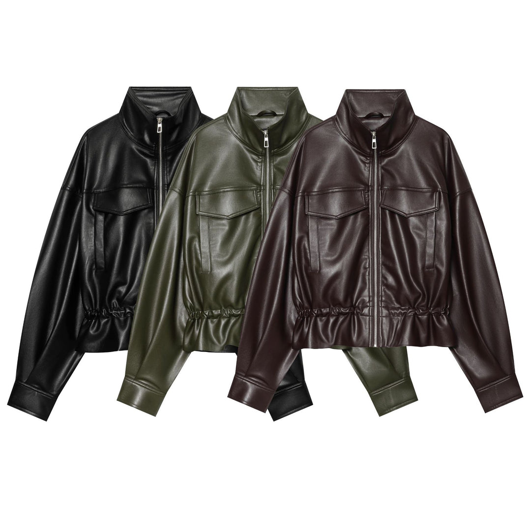 Damen Cropped Kunstlederjacke mit hohem Stehkragen, aufgesetzten Brusttaschen und Tunnelzug-Taille Drune