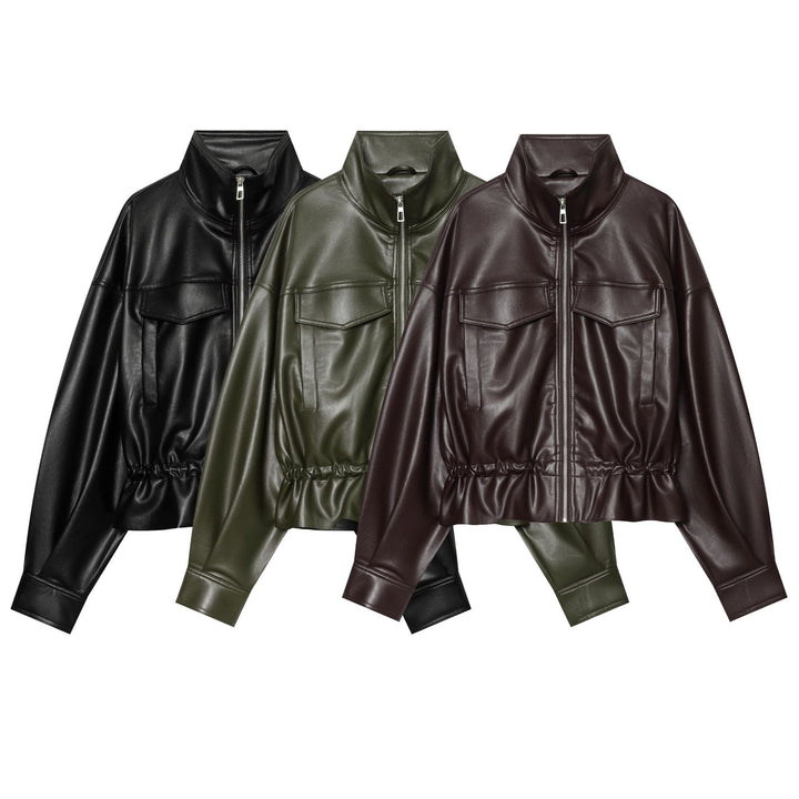 Damen Cropped Kunstlederjacke mit hohem Stehkragen, aufgesetzten Brusttaschen und Tunnelzug-Taille Drune