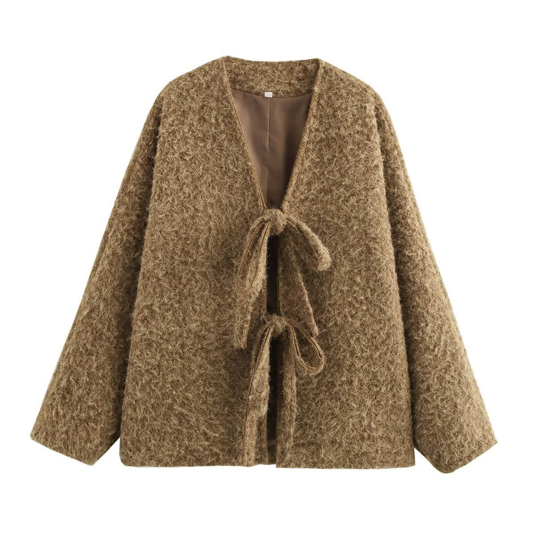Damen lässige Wolljacke mit Bindebändern Drune