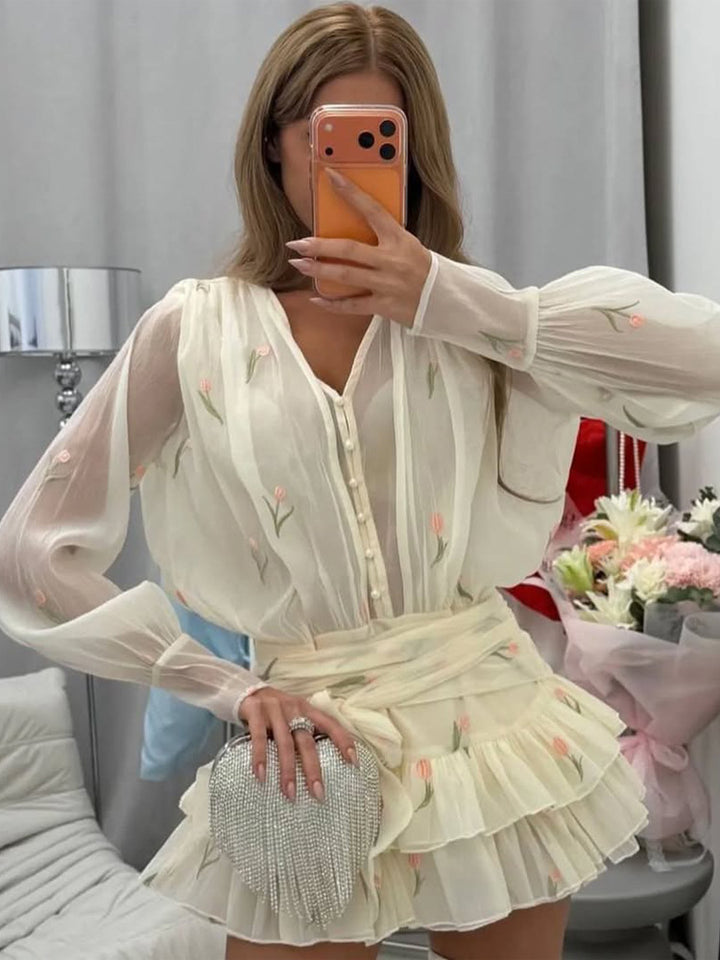 Damen Zweiteiliges Chiffon‑Set mit bestickter Transparentbluse und Volant‑Minirock Drune