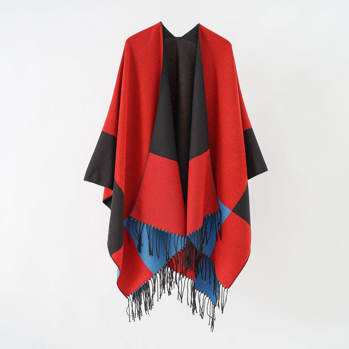 Damen Oversize-Ruana aus Wollmix mit Farbblock‑Design und Fransen Drune