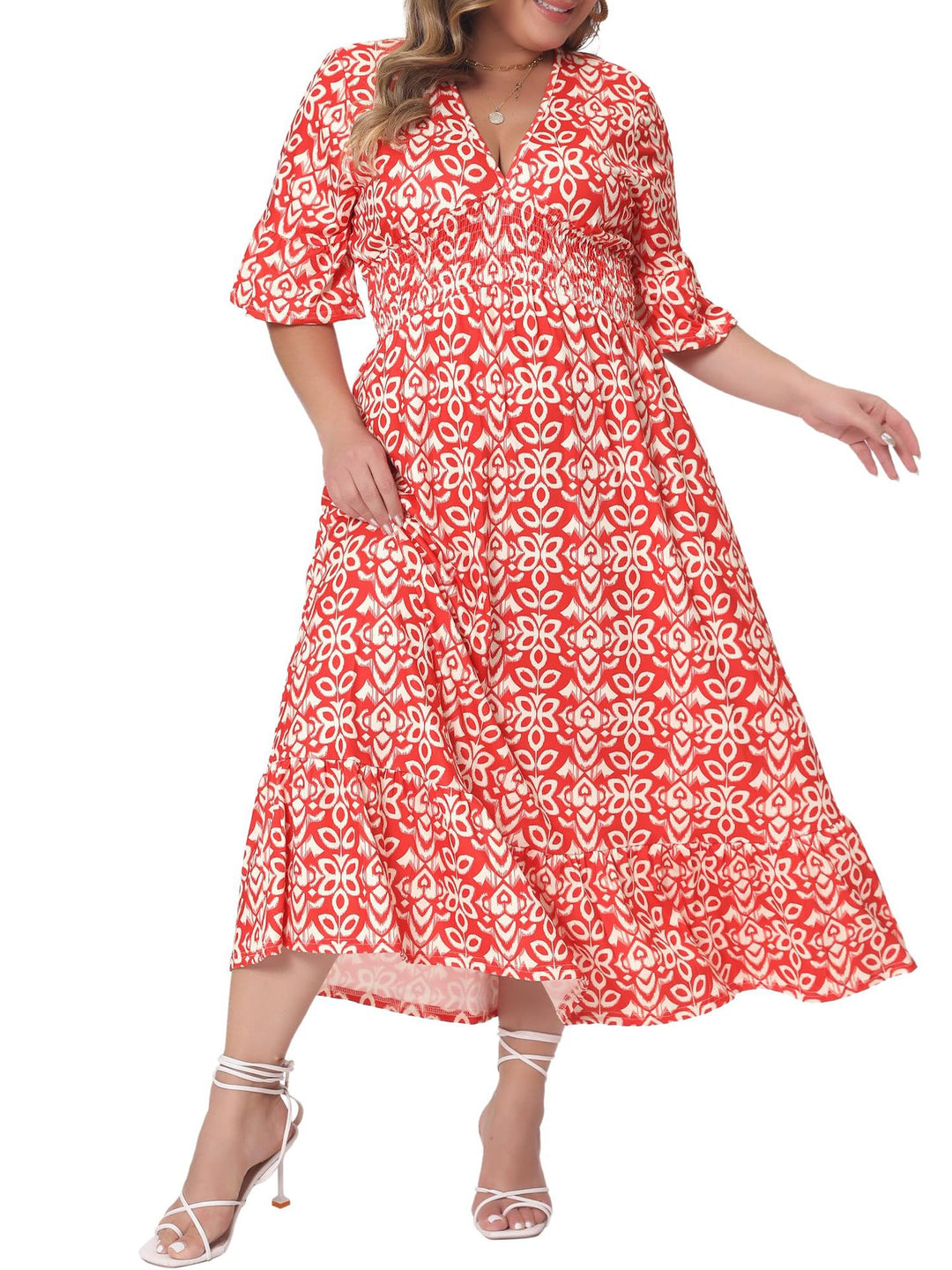 Damen Midikleid in A‑Linie mit grafischem Allover‑Print, geraffter Taillenpartie und Volantstufen Drune