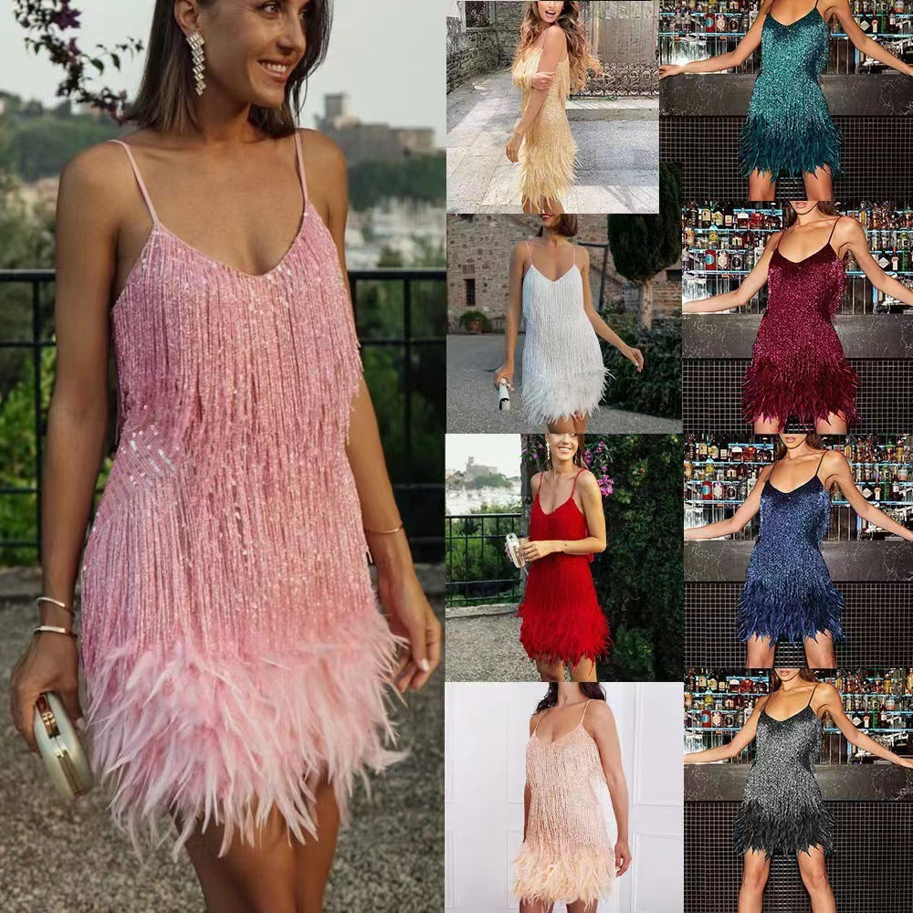 Damen Glitzerndes Mini-Kleid mit Fransendetails und schulterfreiem Design Drune
