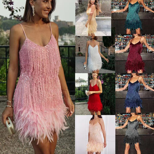 Damen Glitzerndes Mini-Kleid mit Fransendetails und schulterfreiem Design Drune