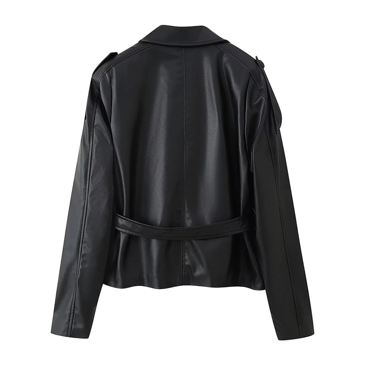 Damen nan taillierte Kunstlederjacke mit Bindegürtel, Hemdkragen und verdeckter Knopfleiste Drune