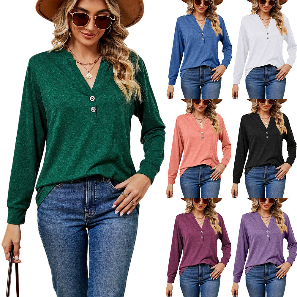 Damen Langarmtop mit modischem Henley-Ausschnitt und Knopfdesign Drune
