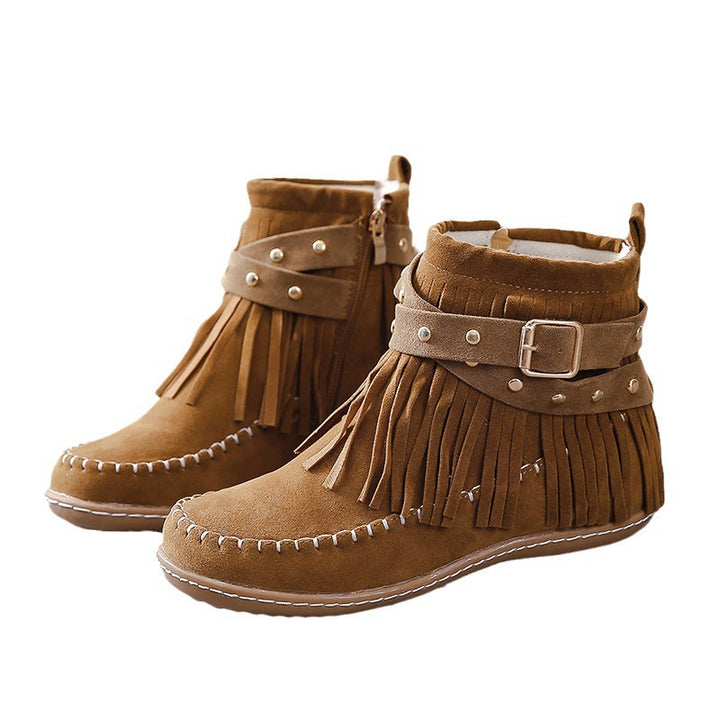 Damen nan Fransen-Mokassin-Stiefelette mit Ziergurt, Schnalle und weicher Gummisohle Drune
