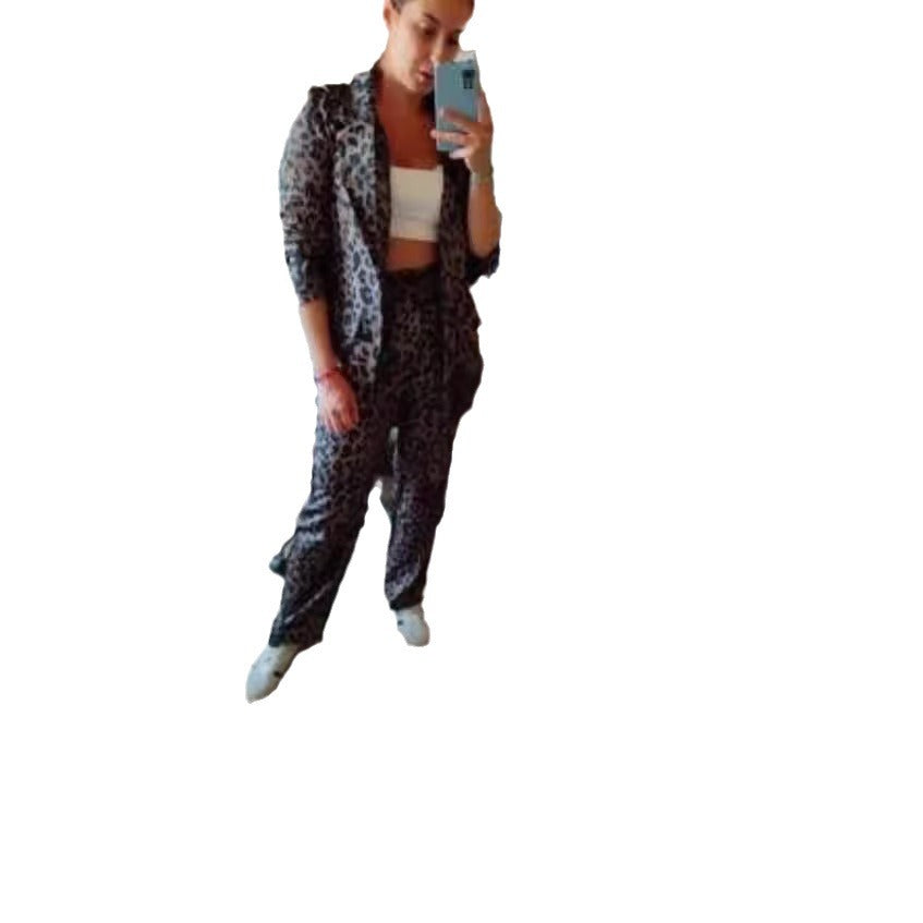 Damen elegantes Leinenanzug-Set im Leopardenmuster mit tailliertem Blazer und geraden Hose Drune