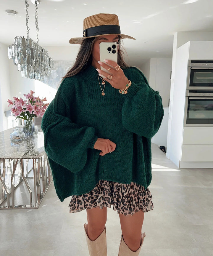 Damen oversized Strickpullover mit hohem Kragen und Ballonärmeln Drune