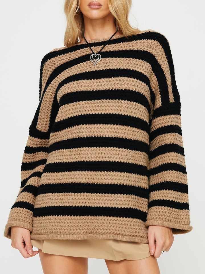 Damen gemütlicher Grobstrickpullover mit modernem Streifenmuster und lässigem Schnitt Drune