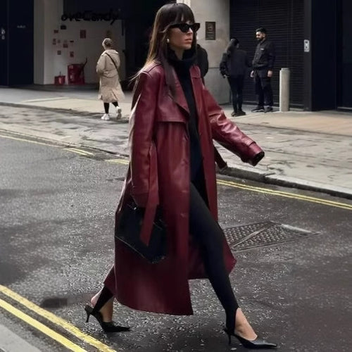 Damen Langer Kunstleder‑Trenchcoat mit Taillengürtel, weitem Revers und wasserabweisender Oberfläche Drune