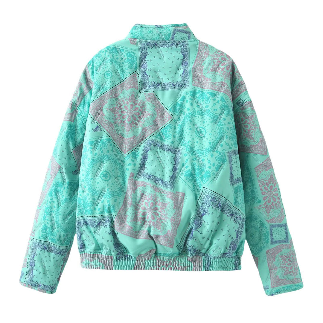 Damen nan gesteppte Bomberjacke mit Patchwork-Paisley, Stehkragen und elastischem Saum Drune