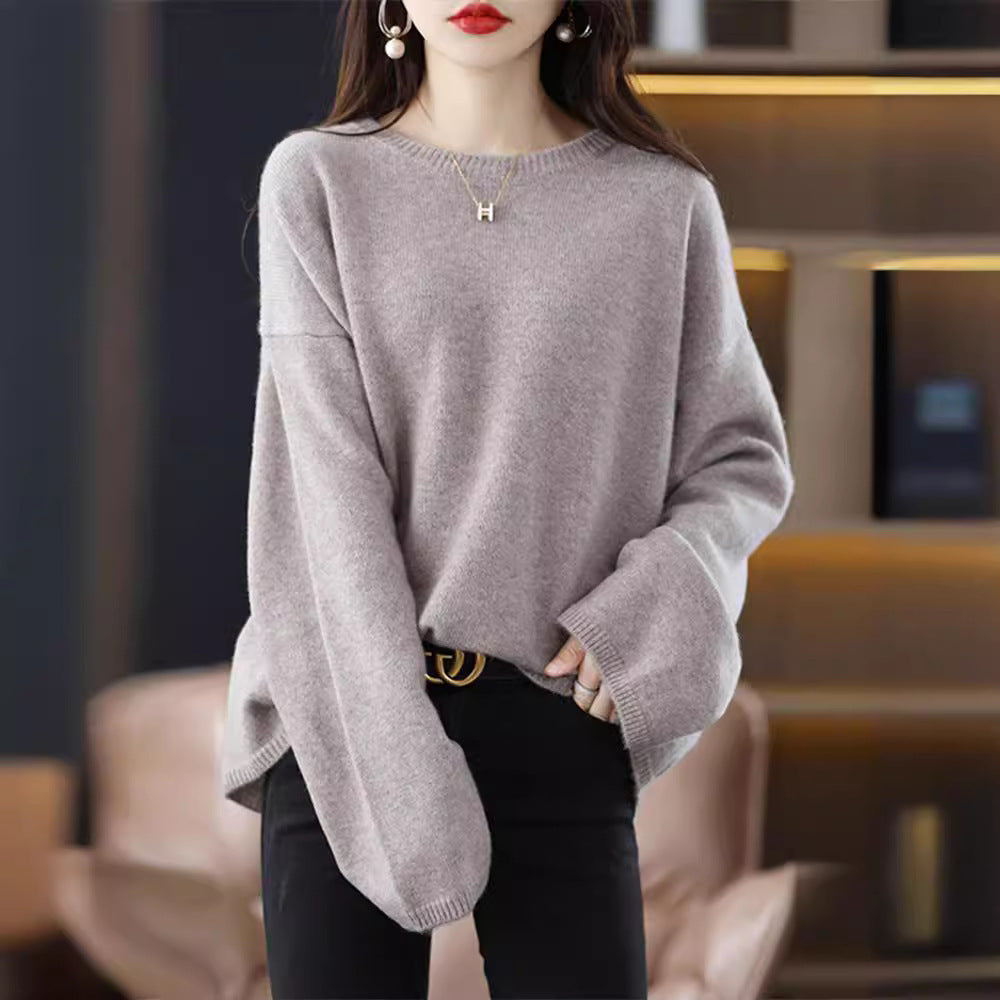 Damen weicher Strickpullover mit weitem Schnitt und legerem V-Ausschnitt Drune