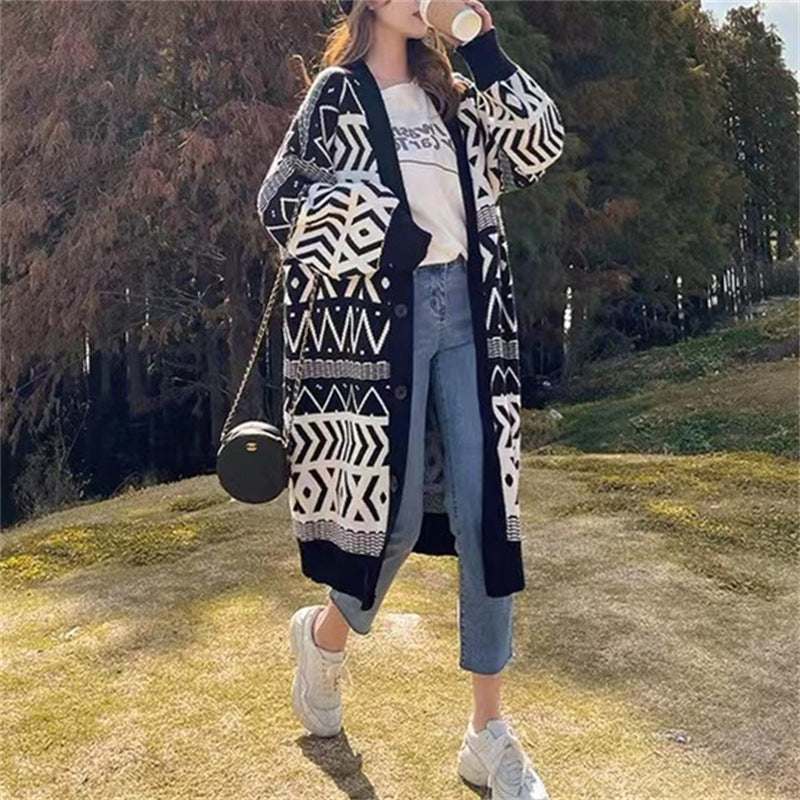Damen Long Cardigan mit grafischem Design und tiefen Taschen Drune