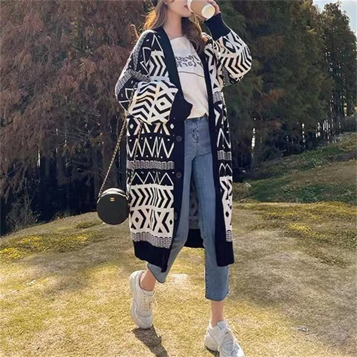 Damen Long Cardigan mit grafischem Design und tiefen Taschen Drune
