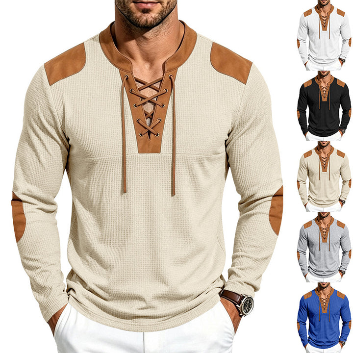 Herren Langarm-Waffelshirt mit Schnürkragen und Kunstlederapplikationen Drune