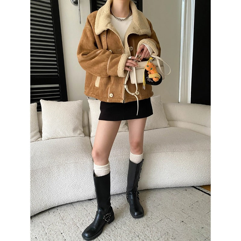 Damen lässige Fleecejacke mit umschlagbarem Kragen und Knopfdetails Drune