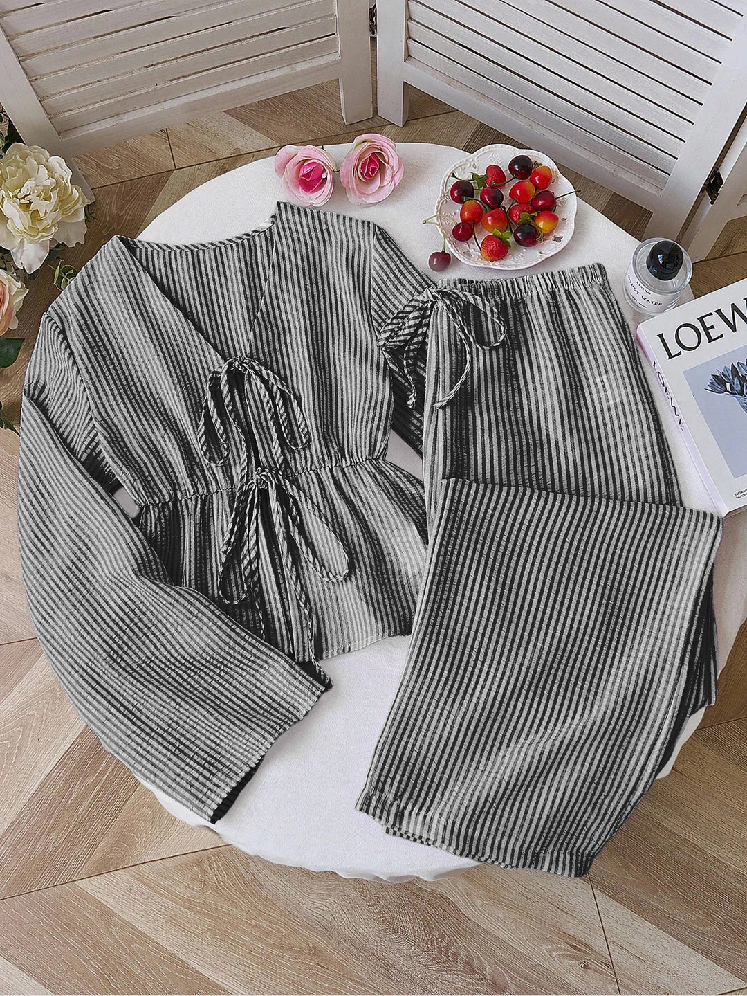 Damen nan gestreiftes Leinenähnliches Homewear-Set mit gerafftem Tunnelzugoberteil und elastischer Bundhose Drune