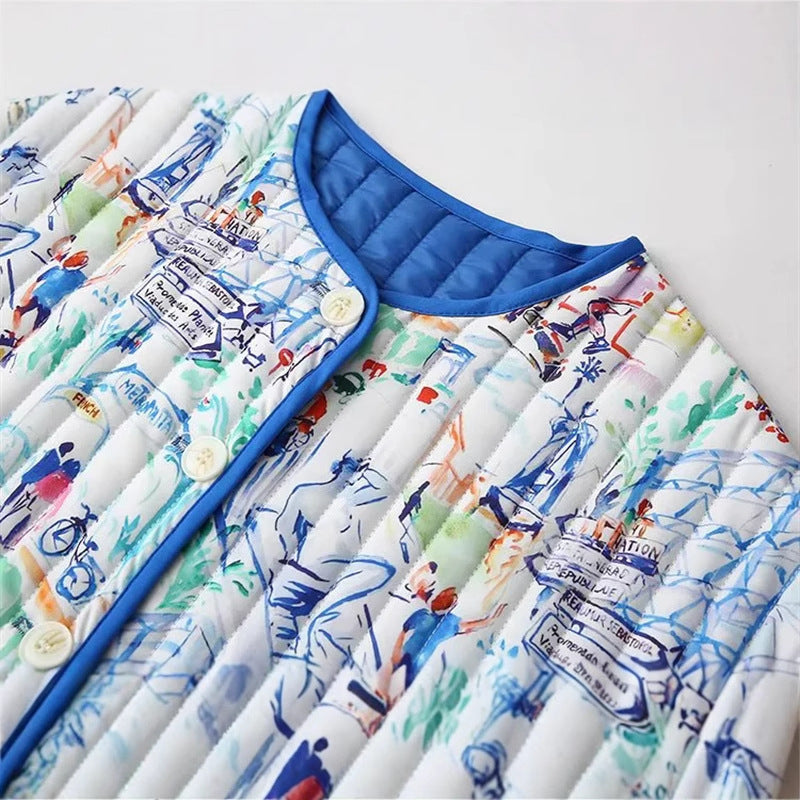 Damen nan gesteppte Steppjacke im Overshirt-Look mit buntem City-Print, Kontrastpaspel und aufgesetzten Fronttaschen Drune