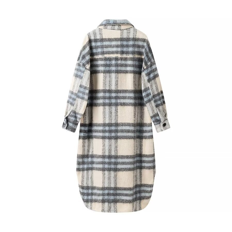 Damen Oversize-Hemdkleid-Mantel aus Wollmix mit Karomuster Drune