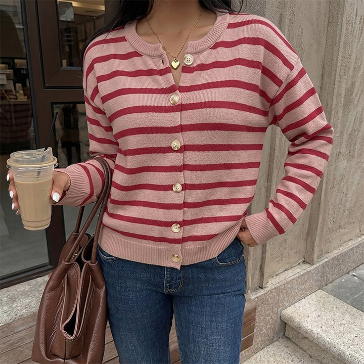 Damen Gestreifte Feinstrick-Button-Cardigan mit Rundhalsausschnitt und tailliertem Bund Drune