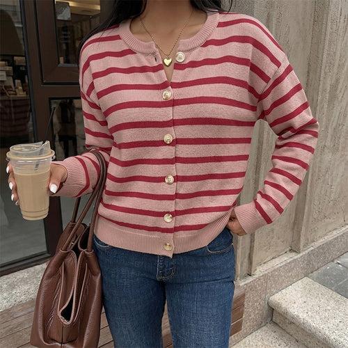Damen Gestreifte Feinstrick-Button-Cardigan mit Rundhalsausschnitt und tailliertem Bund Drune
