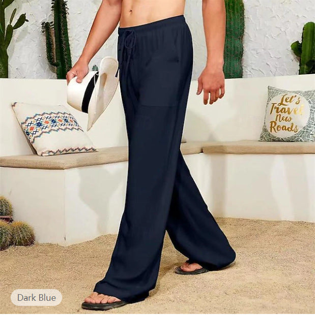 Herren weite Leinenhose mit Tunnelzug, aufgesetzten Seitentaschen und Relaxed-Fit Drune