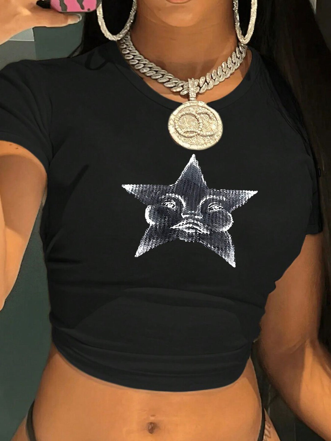 Damen Crop-T-Shirt mit kreativem Telefon-Design Drune