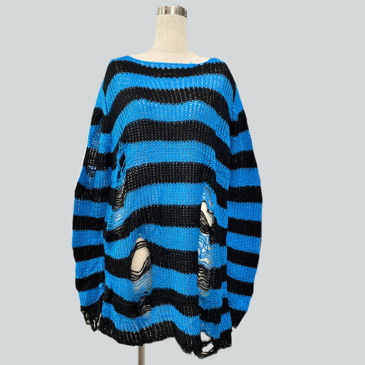 Damen nan Oversized Grobstrickpullover mit breiten Blockstreifen und aufgerissenem Design Drune