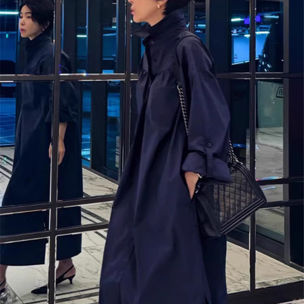 Damen Langes Boxy-Hemdblusenkleid mit hohem Stehkragen und verdeckter Knopfleiste Drune